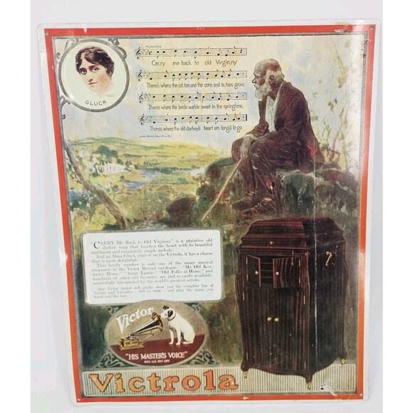Vintage Victor Victrola Metal Sign Carry Me Back To Old Virginny Gluck 16x13.75" - Picture 1 of 5